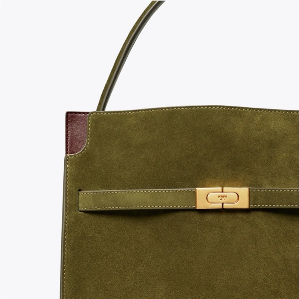 Tory Burch Large Lee Radziwill Olive Green Suede Satchel with Burgundy Trim - Picture 4 of 12